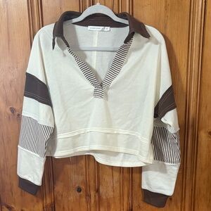 Altar’d State Cream & Brown Cropped Collared Sweatshirt | Cozy Chic - Size Small